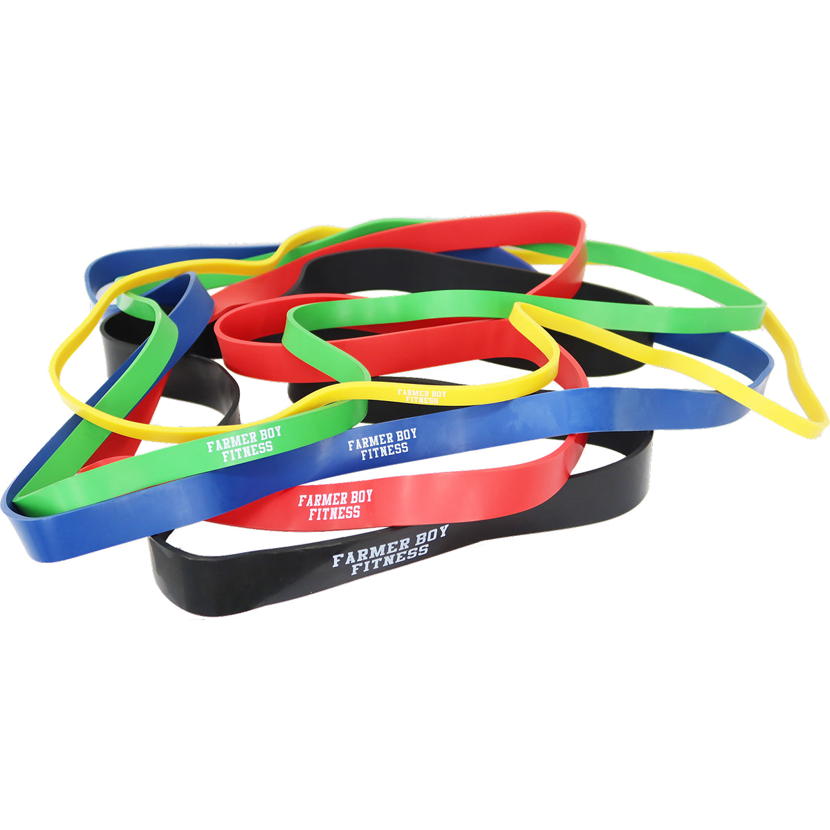 5 assorted power bands with color, multiple resistance levels.