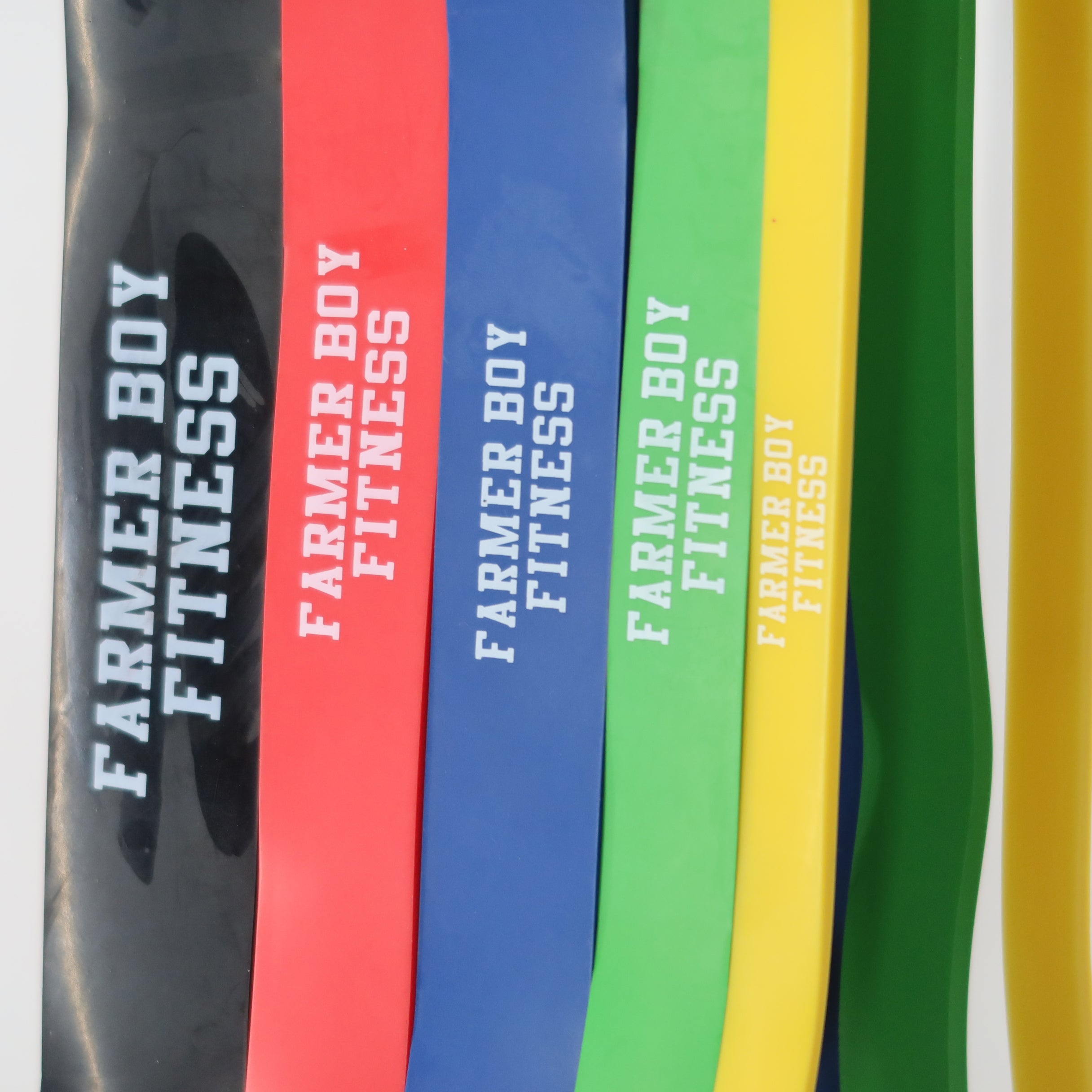5 assorted power bands with color, multiple resistance levels.