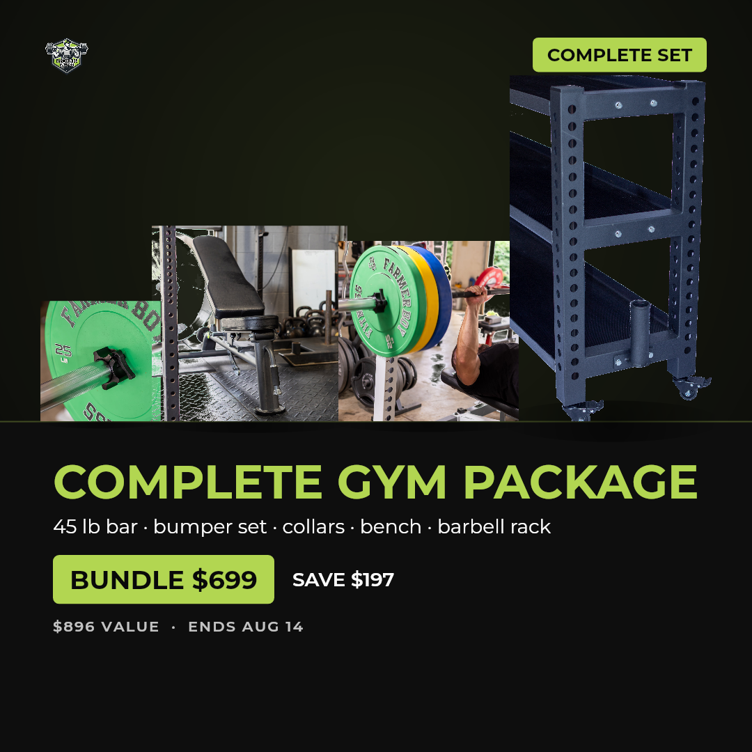 Complete Gym Package — bar, plates, collars, bench, rack