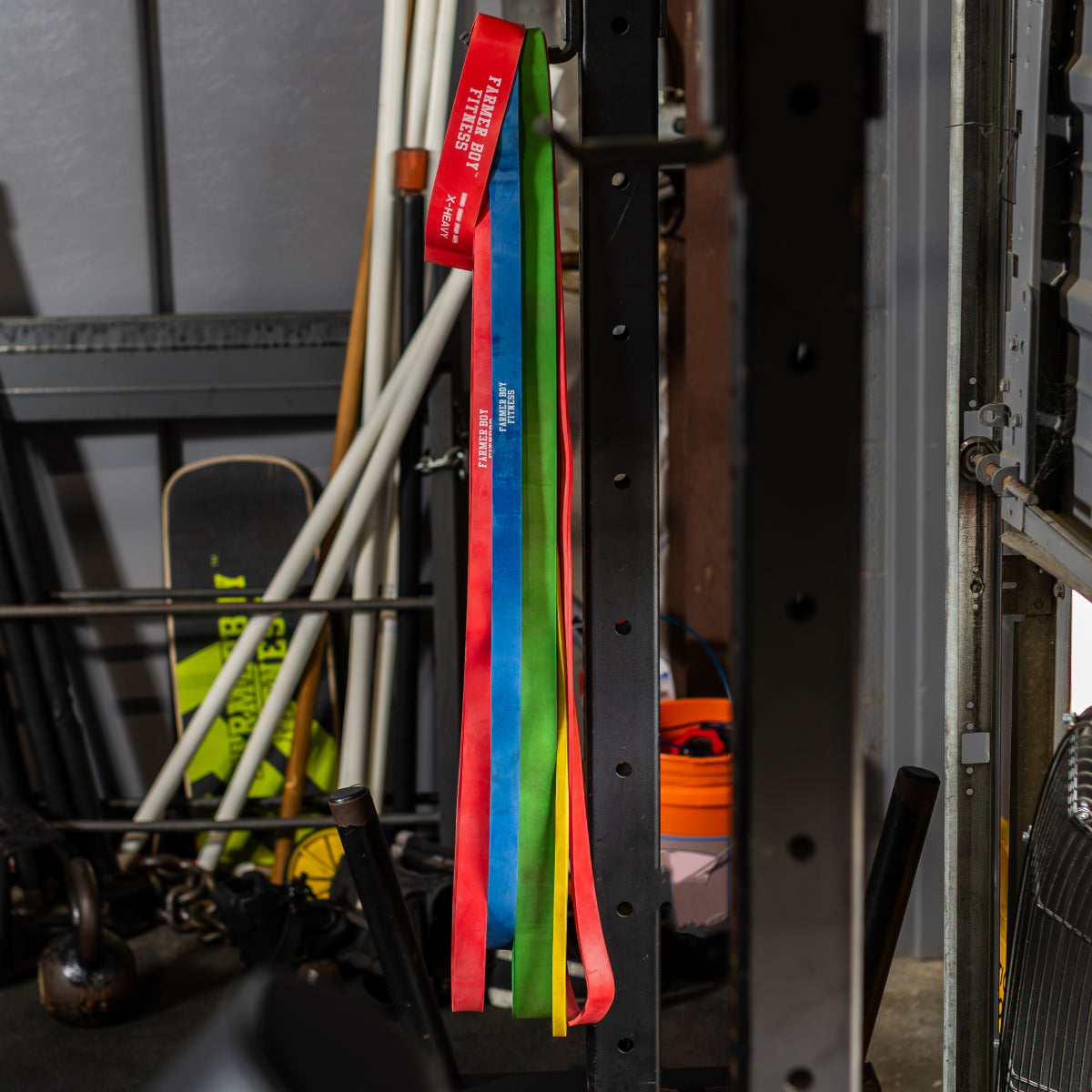 5 assorted power bands with color, multiple resistance levels.
