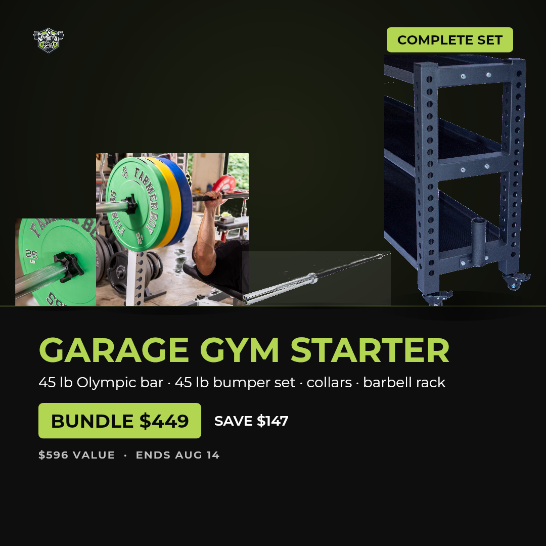 Garage Gym Starter Kit — bar, bumper plates, collars, rack